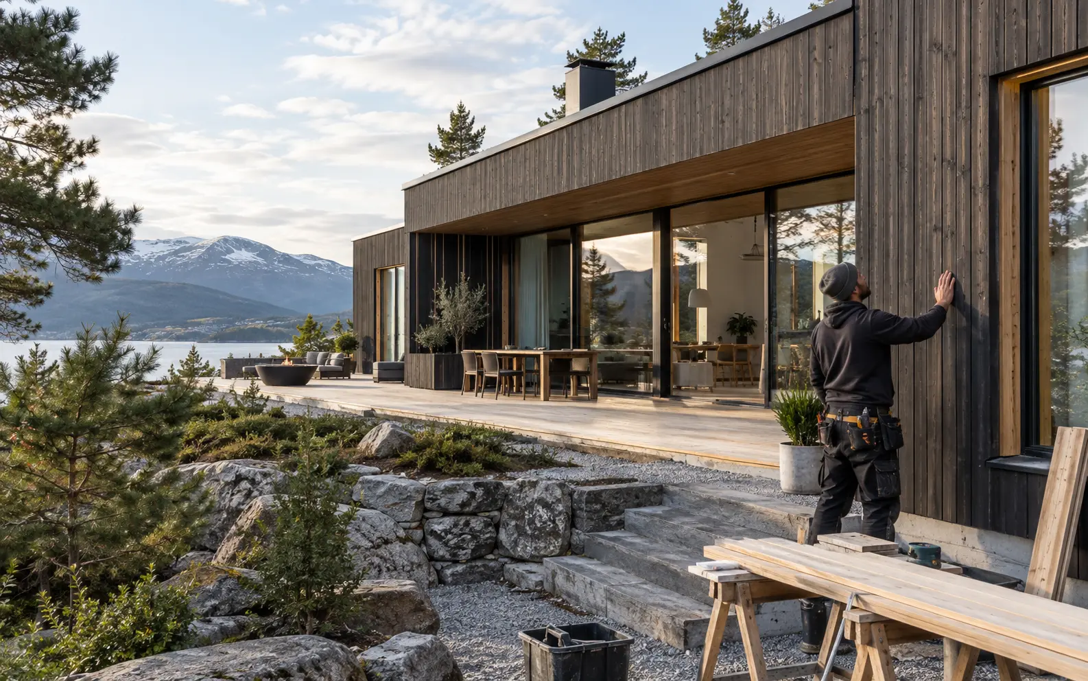 Nyrenovert moderne norsk trehus med håndverker