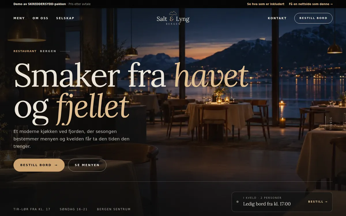 Forsiden til demoen Salt og Lyng med spisesal ved fjorden og knapp for å bestille bord