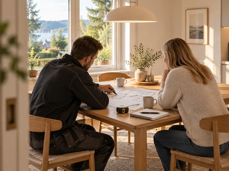 Håndverker og huseier ser på plantegninger ved kjøkkenbordet under en befaring