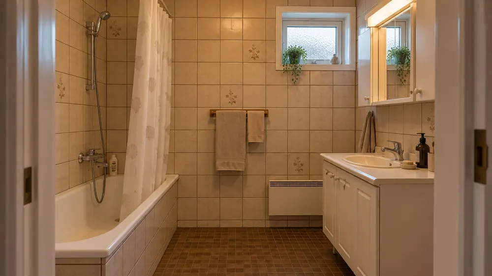 Baderom før renovering, med eldre fliser og innredning