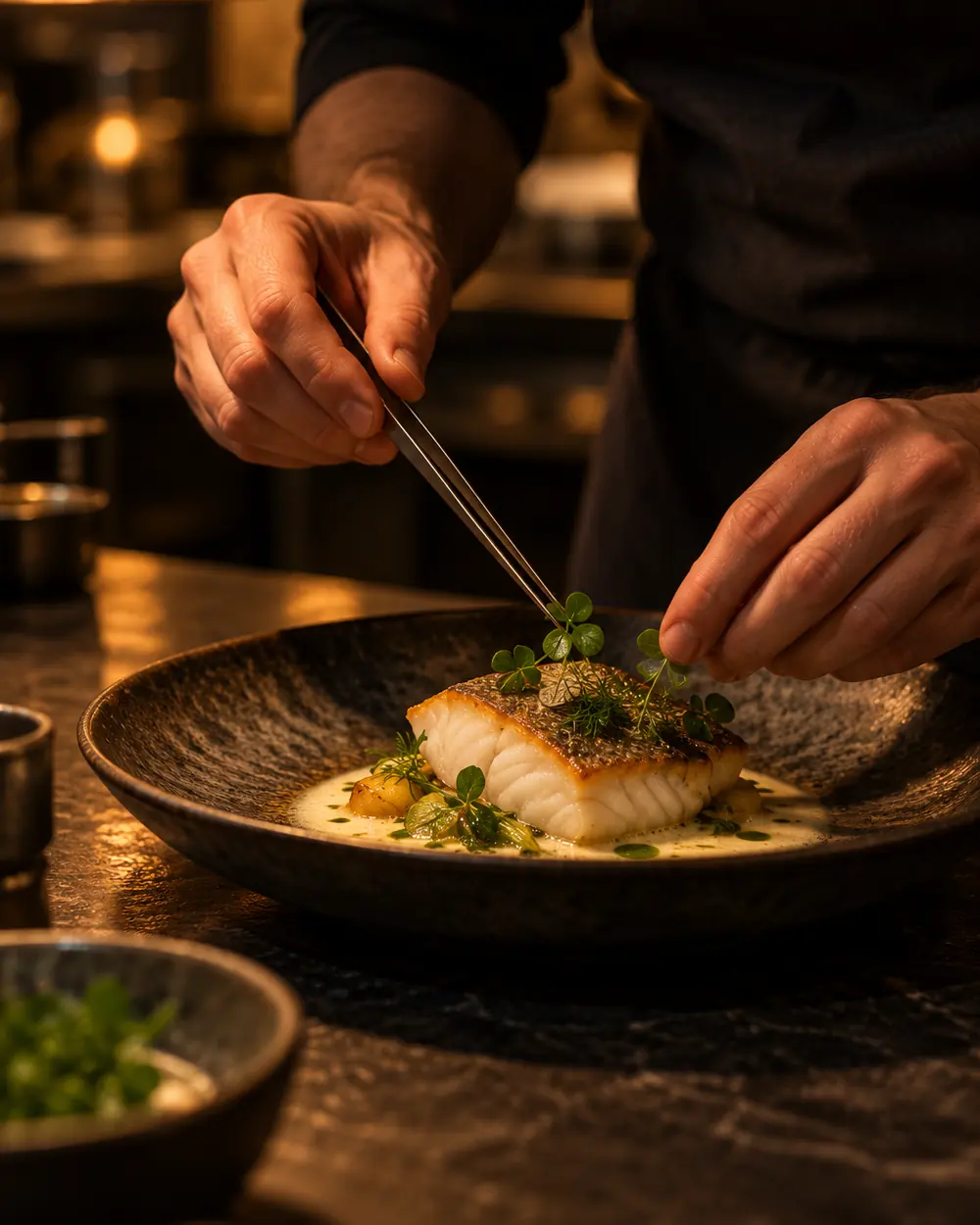 Kokkens hender anretter hvit fisk med pinsett på en mørk keramikktallerken