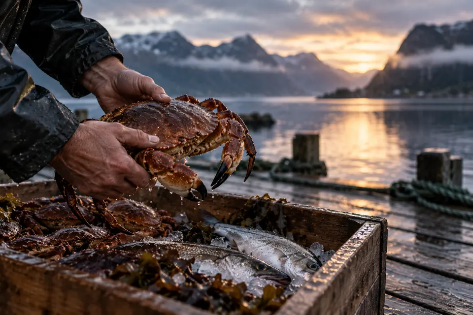 Hender som holder en nyfanget krabbe over en fiskekasse på kaia i morgengry