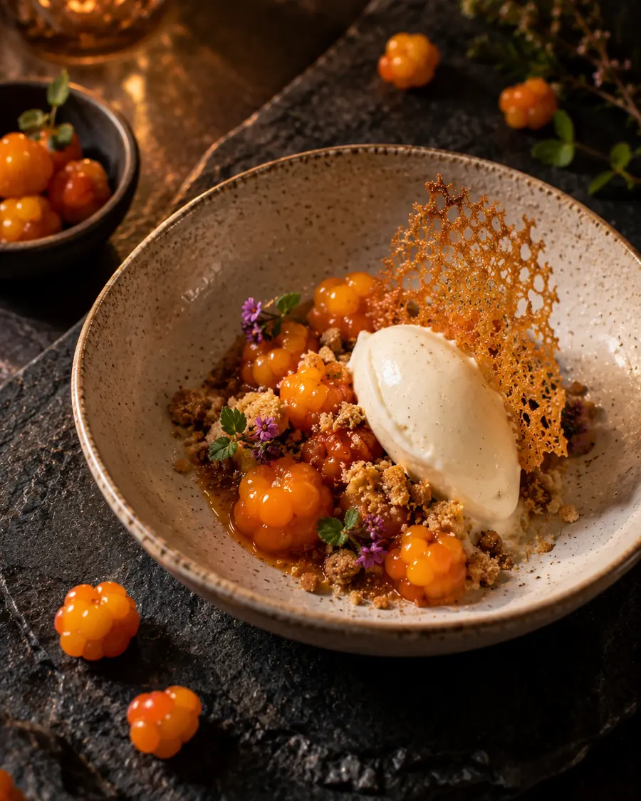 Multer med fløteis og crumble i en lys skål